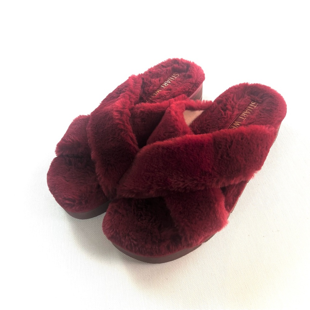 Stuart Weitzman Roza Lift Chill Furry Platform Slipper Slides Size 8.5